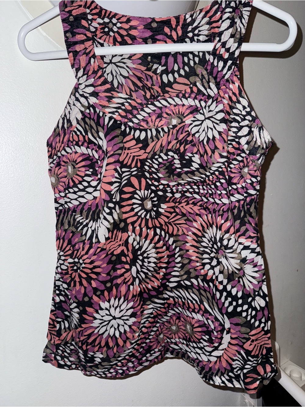 Banana Republic Black Tank Top with Pink, White & Purple Floral Swirls
